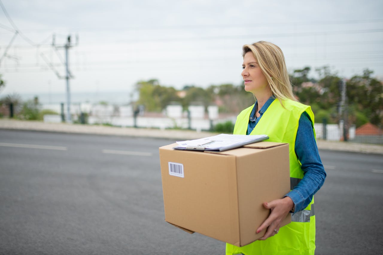 Blonde woman in high visibility vest carrying package along a street.